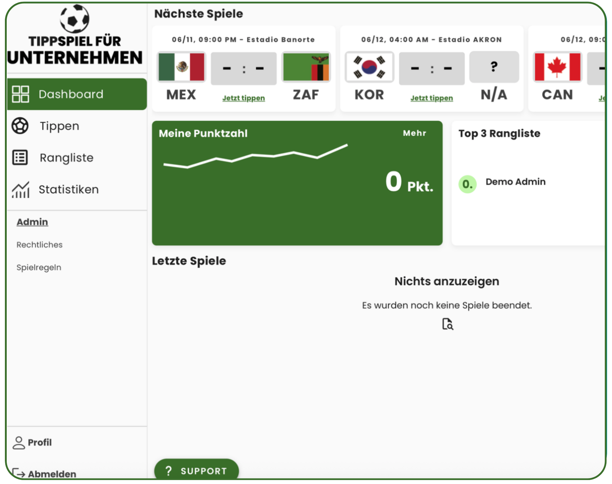 tippspiel app für Unternehmen Fußball-WM 2026 Dashboard mit Spielübersicht, Rangliste und Tipps