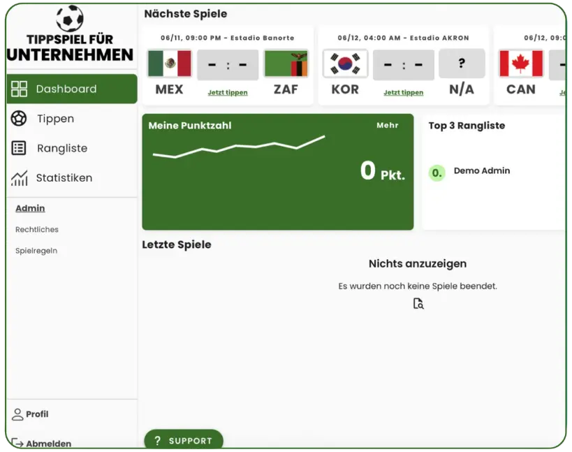tippspiel app für Unternehmen Fußball-WM 2026 Dashboard mit Spielübersicht, Rangliste und Tipps
