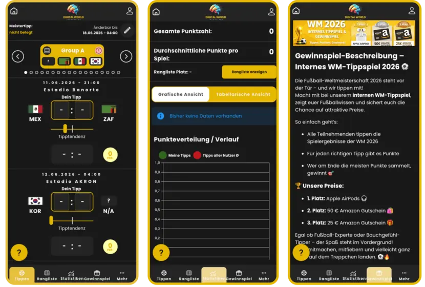 app tippspiel für Unternehmen Weltmeisterschaft 2026 Gewinnspiel tippen Dashboard