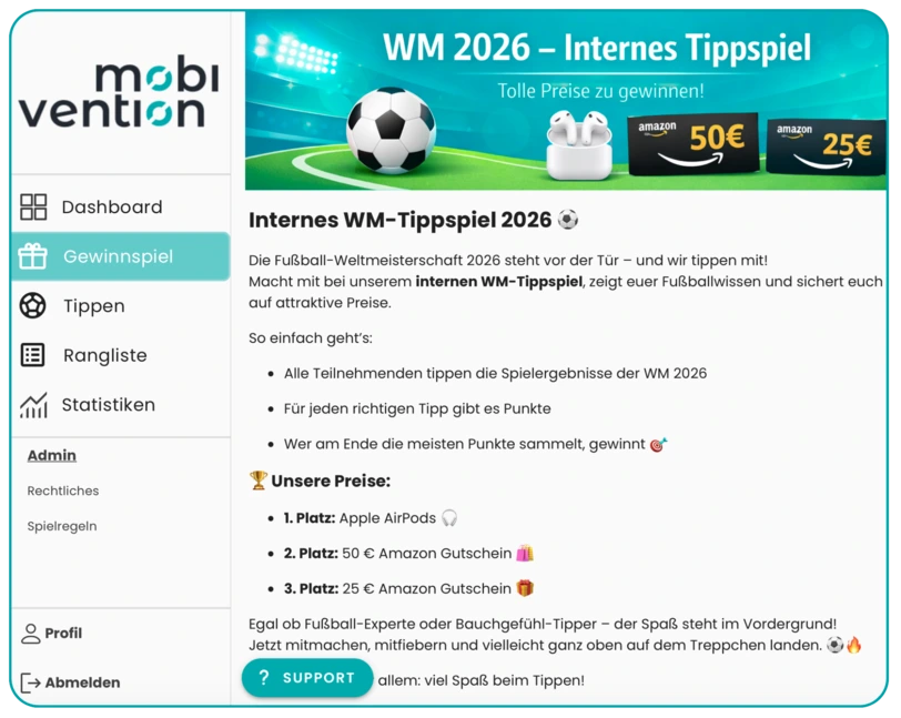 tippspiel für Unternehmen Fußball WM 2026 mit Gewinnspiel