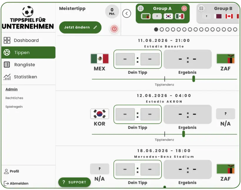 tippspiel app für Unternehmen Fußball-WM 2026 Dashboard mit Spielübersicht, Rangliste und Tipps