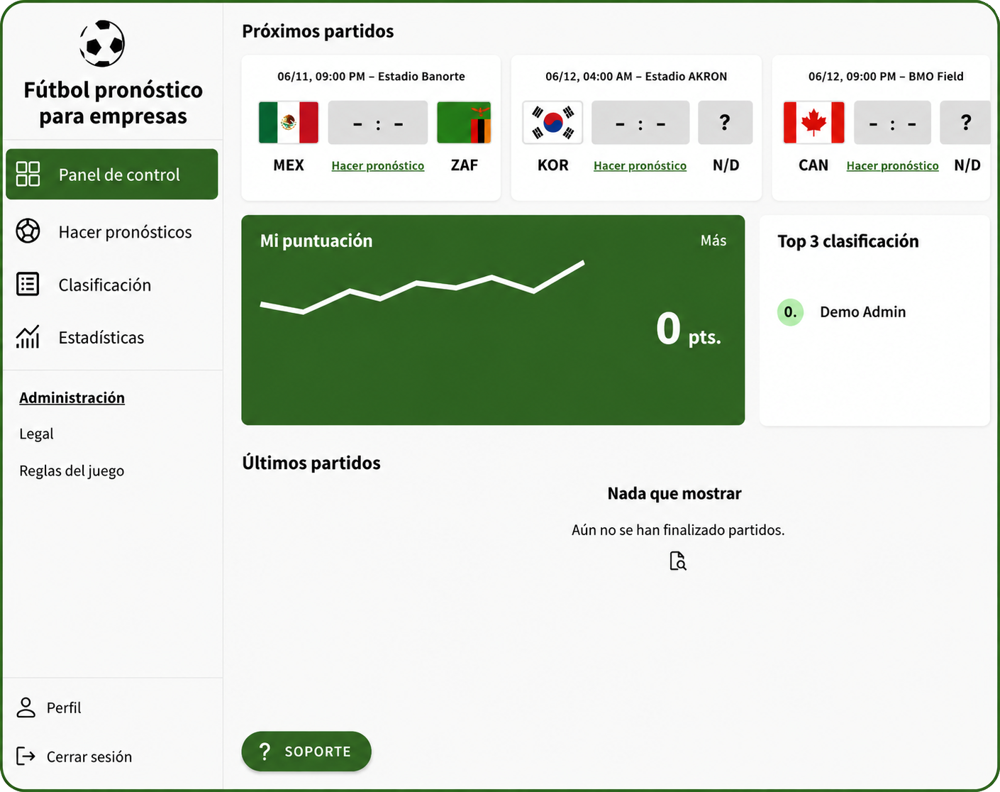 tippspiel app für Unternehmen Fußball-WM 2026 Dashboard mit Spielübersicht, Rangliste und Tipps
