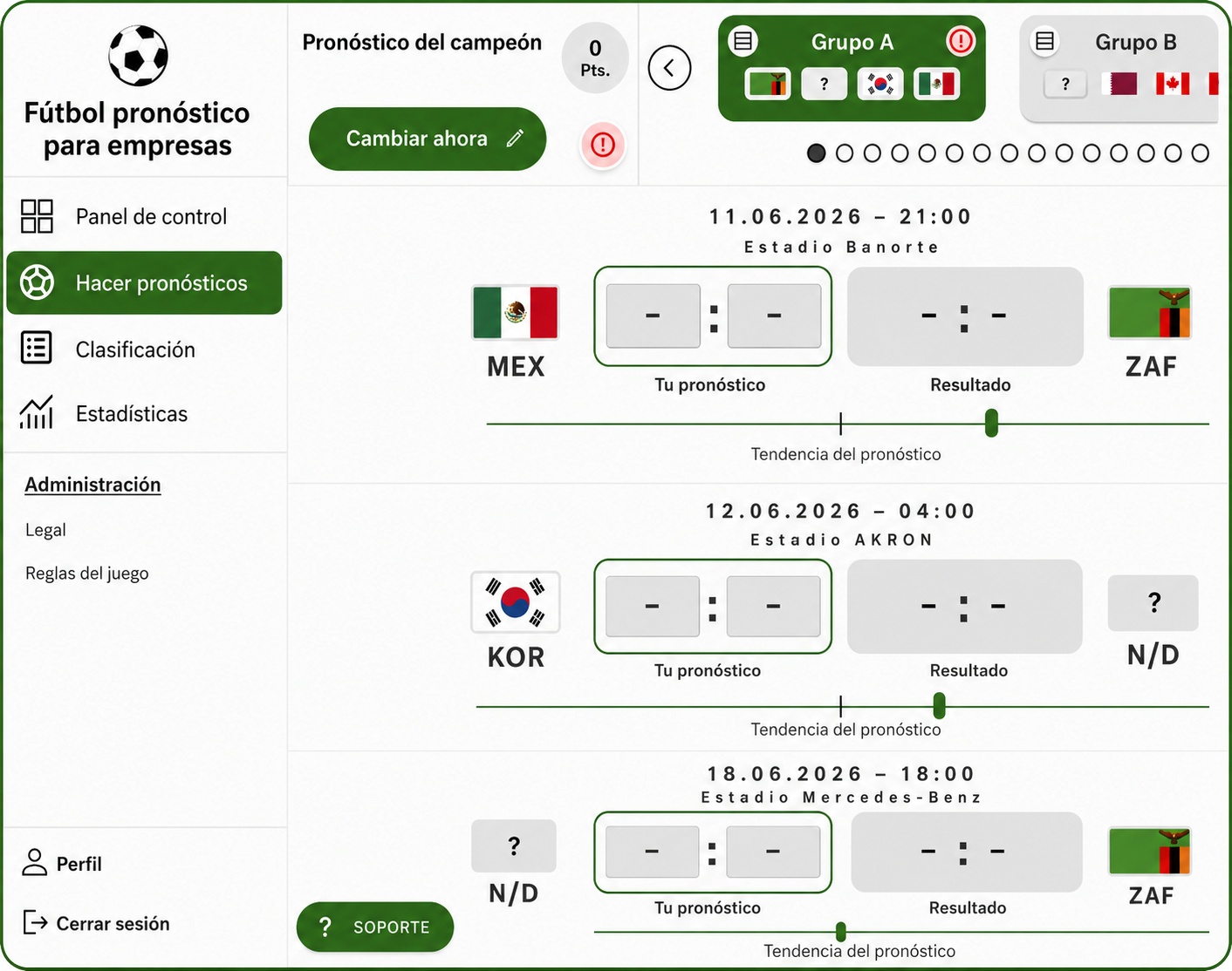 tippspiel app für Unternehmen Fußball-WM 2026 Dashboard mit Spielübersicht, Rangliste und Tipps