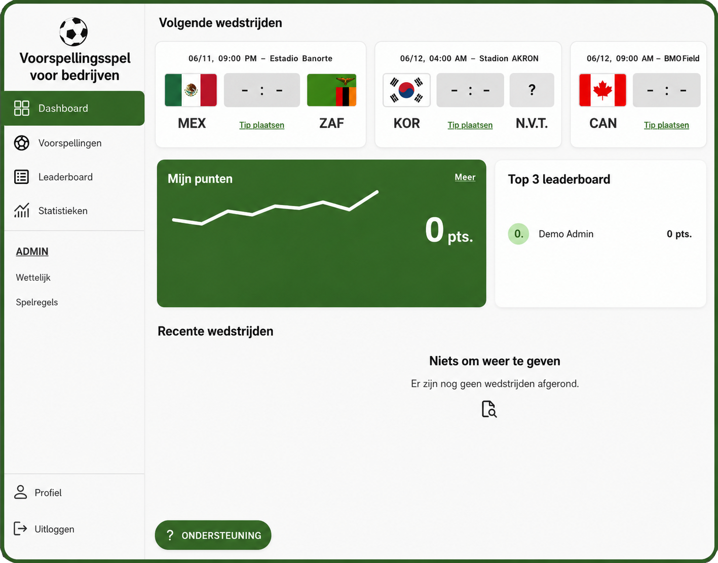 tippspiel app für Unternehmen Fußball-WM 2026 Dashboard mit Spielübersicht, Rangliste und Tipps