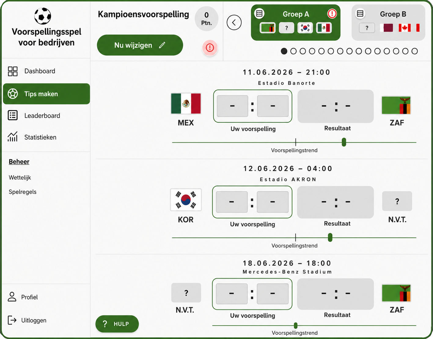 tippspiel app für Unternehmen Fußball-WM 2026 Dashboard mit Spielübersicht, Rangliste und Tipps