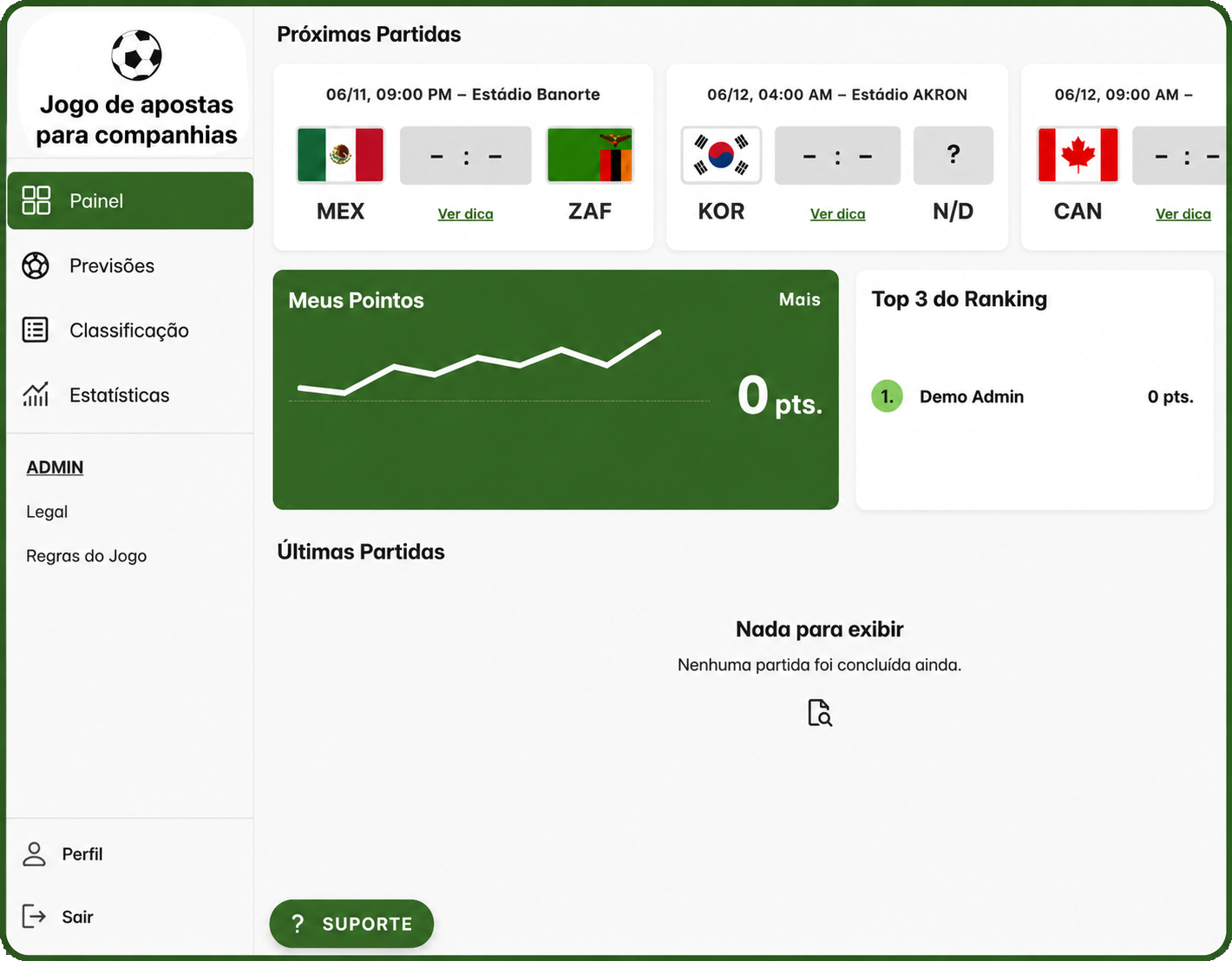 tippspiel app für Unternehmen Fußball-WM 2026 Dashboard mit Spielübersicht, Rangliste und Tipps