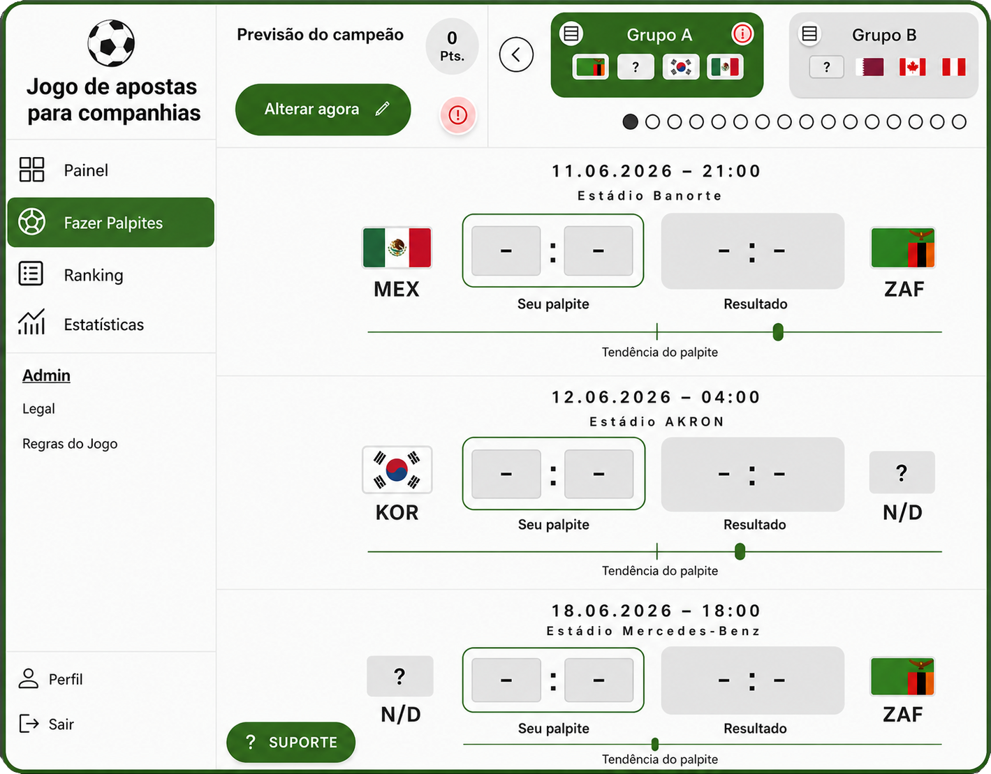 tippspiel app für Unternehmen Fußball-WM 2026 Dashboard mit Spielübersicht, Rangliste und Tipps