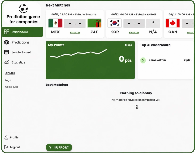 tippspiel app für Unternehmen Fußball-WM 2026 Dashboard mit Spielübersicht, Rangliste und Tipps