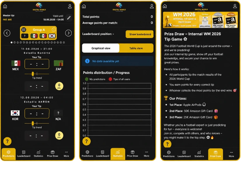 app tippspiel für Unternehmen Weltmeisterschaft 2026 Gewinnspiel tippen Dashboard