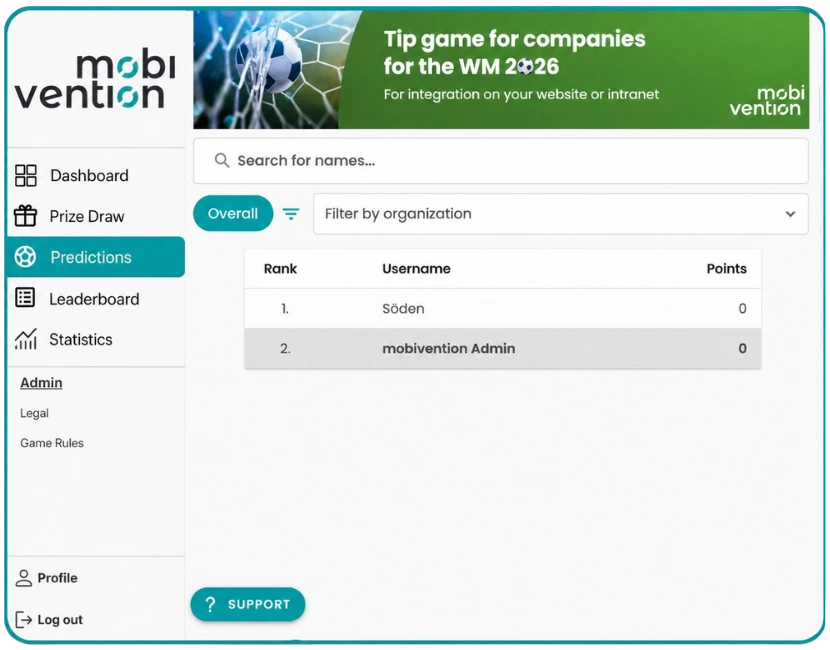 wm 2026 Fußball Tippspiel für Unternehmen der Corporate App mit Spielplan