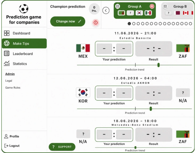 tippspiel app für Unternehmen Fußball-WM 2026 Dashboard mit Spielübersicht, Rangliste und Tipps
