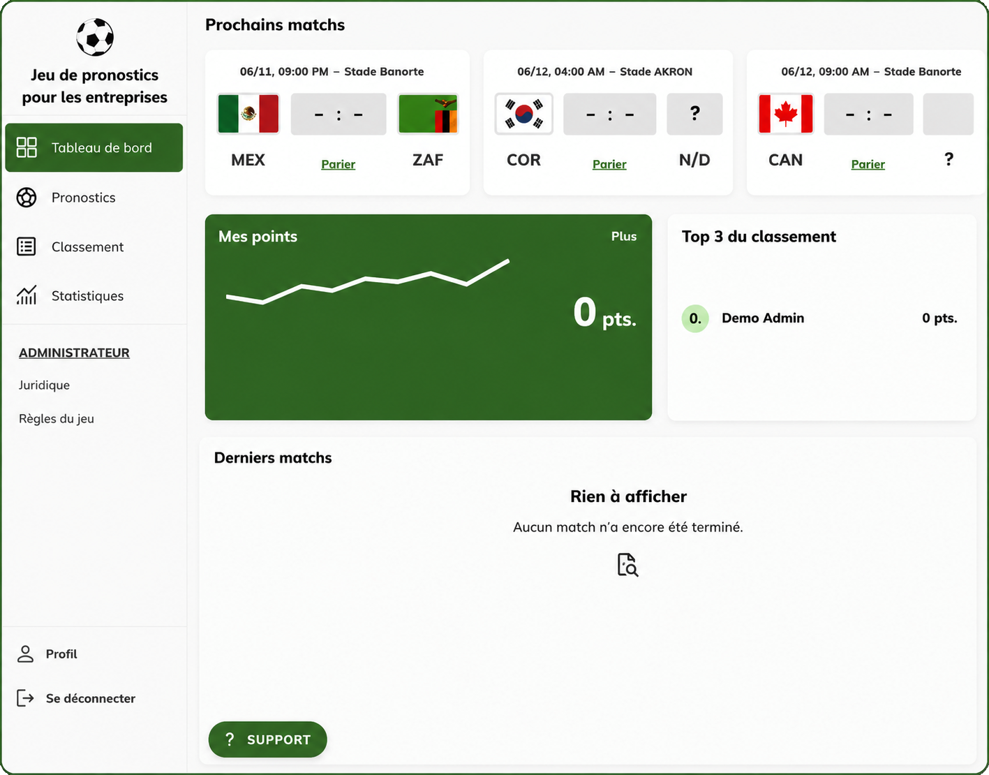 tippspiel app für Unternehmen Fußball-WM 2026 Dashboard mit Spielübersicht, Rangliste und Tipps