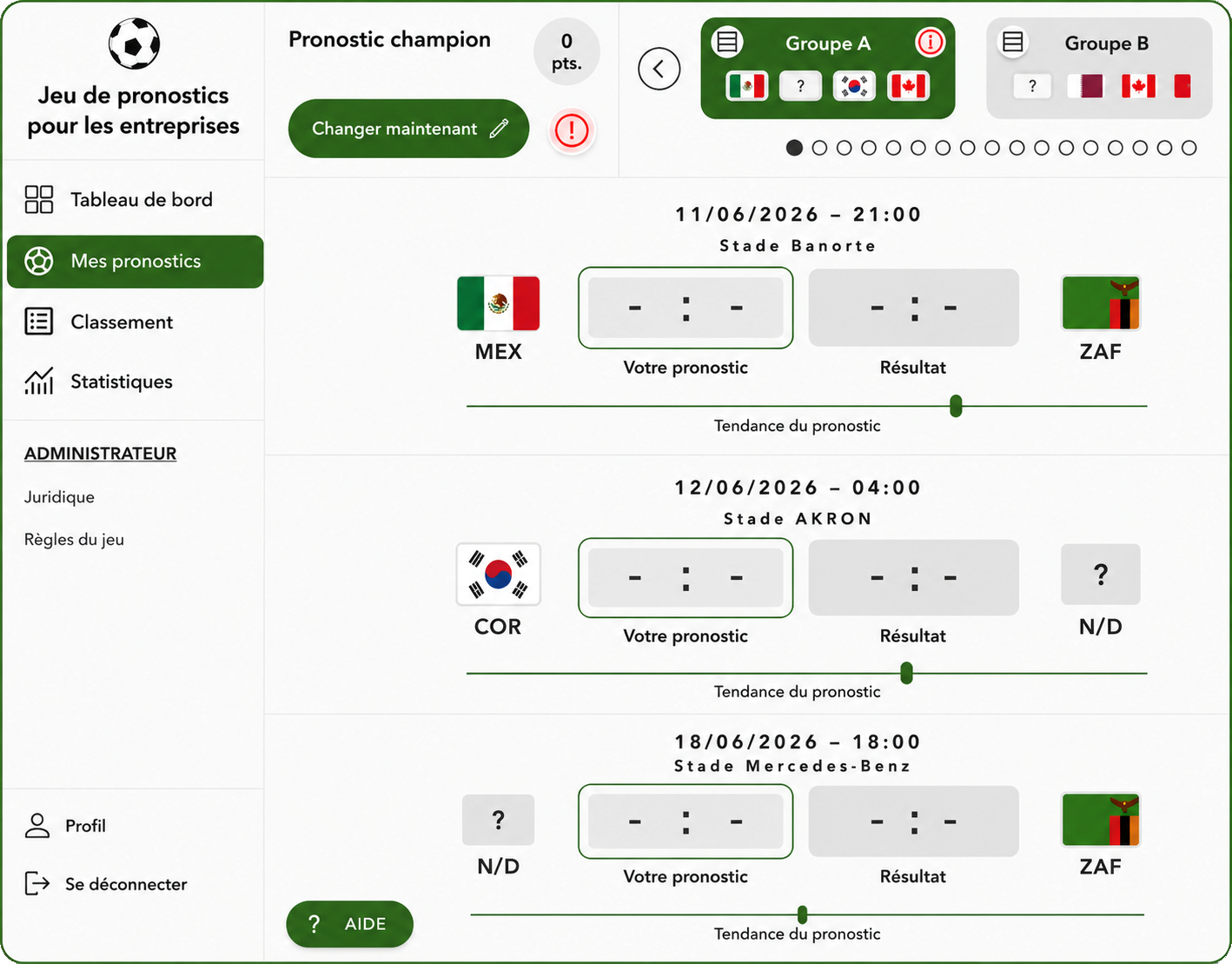 tippspiel app für Unternehmen Fußball-WM 2026 Dashboard mit Spielübersicht, Rangliste und Tipps